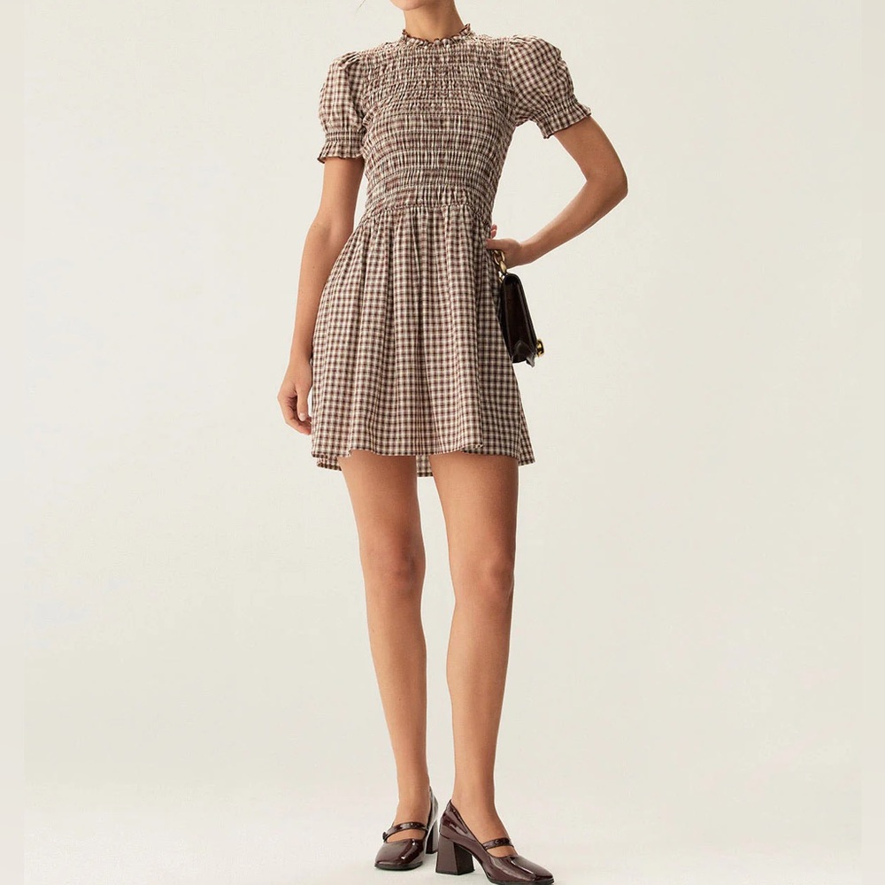 Rihoas Coffee Plaid Puffed Sleeve Mini Dress - Picture 4 of 6